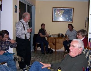 Foreground: Rod Hicks (eating), Dave Wiggins. Middle: Bob Dove, Pat Wiggins. Background: Terena Druce and Ben Hicks listening to Bob pontificating!