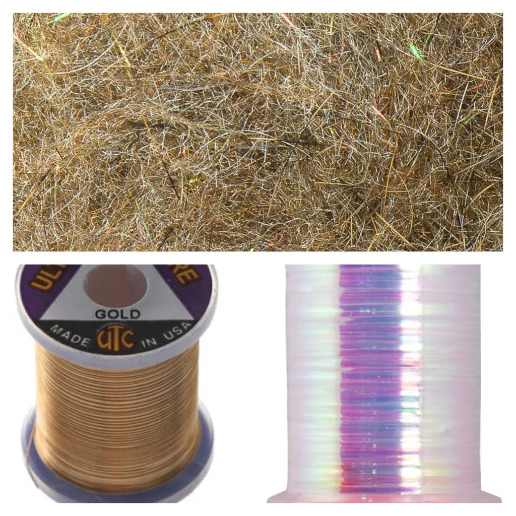 DUBBING:Whitlock SLF sowbug tan.
WIRE:Gold ultra small.
TINSEL:Flat pearl medium.