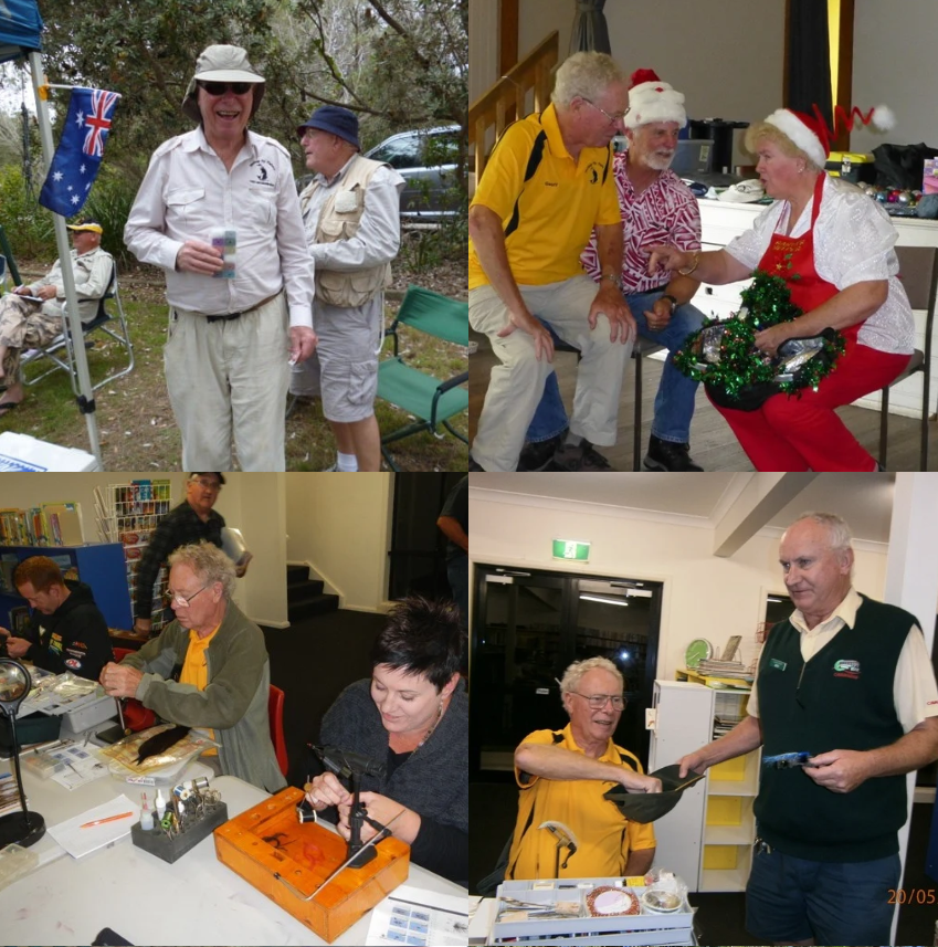Memories of Geoff Field: of Geoff Field: Geoff at Googley’s Lagoon; Mrs. Claus telling Geoff a story at the 2014 Christmas party; Geoff busy at Fly Tie Night; Geoff drawing the lucky attendance raffle at a(nother) Fly Tie Night.