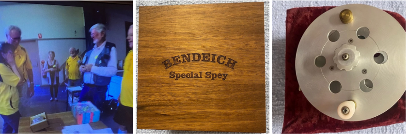 eft: Geoff Field presenting the handcrafted Spey reel to Dawn Hopkins; Centre: close-up of the Tasmanian Blackwood and Huon Pine presentation box; Right: the Spey reel itself.