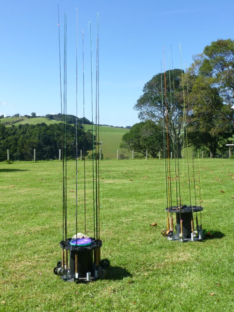 Tony's recycled cable spool rod holders.