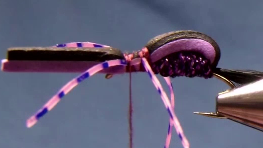 Folded rubber legs are tied in on top of the thorax, then positioned so two legs sit cleanly on each side of the fly.