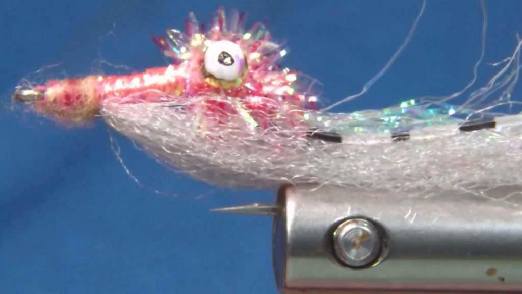 Completed Fed's Bonefish Squimp Variant featuring a translucent diamond braid body, pearl tail, rubber legs, white dumbbell eyes, sparkle chenille head, and grey Congo Plus wing, finished with UV resin.