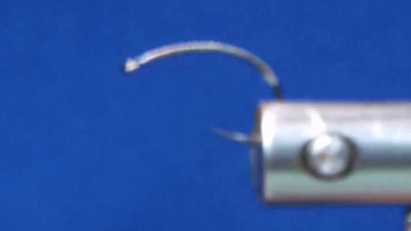 Scud hook coated with clear nail polish and wrapped with invisible mono thread from eye to bend, ready for the body materials.