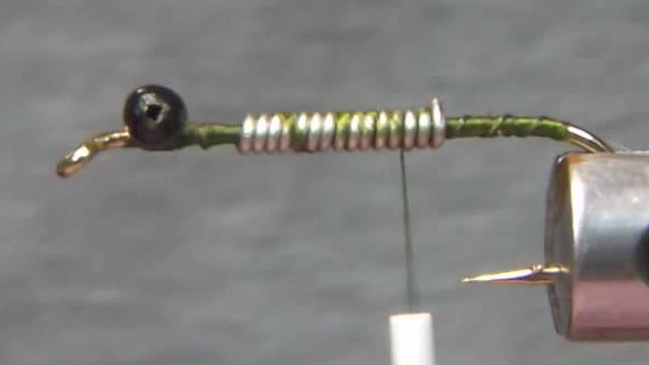 Soft Hackle Swimming Nymph Variant with lead-free wire, bead-chain eyes and makeup-brush fibres tied in for the tail.