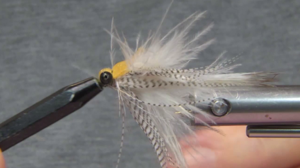 Finished Soft Hackle Swimming Nymph Variant showing the thread positioned in front of the eyes, with the fly whip finished.