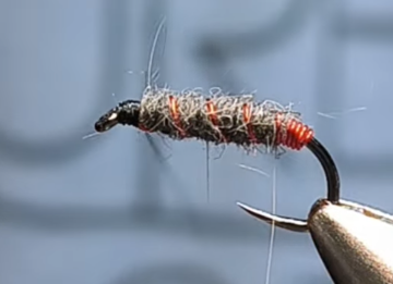 Charcoal Killer Bug with reverse-wrapped red wire ribbing and a neat thread head.