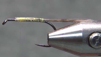 Fly hook with the shank covered in light Cahill thread and two-tone makeup brush fibres tied in as the tail.