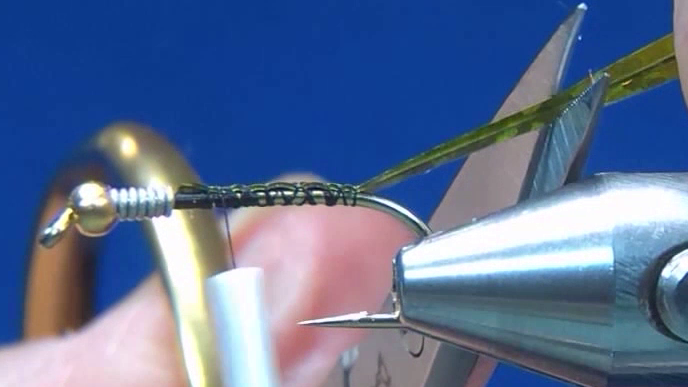 Four strands of green flash are tied along the top of the hook shank, ready to be trimmed to length.